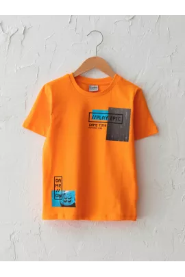 Тонкая оранжевая хлопковая футболка для мальчиков 3-4 лет, LC Waikiki, с коротким рукавом, обычным воротником и принтом, производство Турция  LC Waikiki, Цвет: Оранжевый, Размер: 3-4 года
