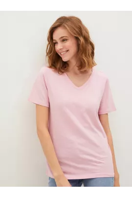 Женская розовая футболка LC Waikiki casual, размер S, из тонкой ткани пенье, однотонная, стандартного кроя, с коротким рукавом и V-вырезом, произведена в Турции.  LC Waikiki, Цвет: Розовый, Размер: S