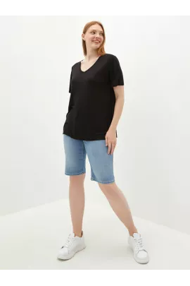 Женская черная футболка LC Waikiki, размер S, из тонкой вискозы, однотонная, стандартного кроя, с коротким рукавом и V-вырезом, произведена в Турции.  LC Waikiki, Цвет: Черный, Размер: S, изображение 3