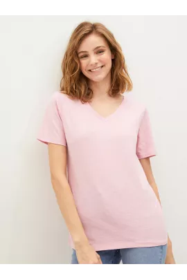 Женская розовая футболка LC Waikiki casual, размер S, из тонкой ткани пенье, однотонная, стандартного кроя, с коротким рукавом и V-вырезом, произведена в Турции.  LC Waikiki, Цвет: Розовый, Размер: S, изображение 6