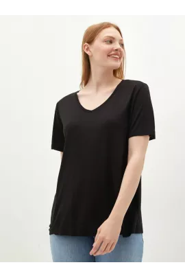 Женская черная футболка LC Waikiki, размер S, из тонкой вискозы, однотонная, стандартного кроя, с коротким рукавом и V-вырезом, произведена в Турции.  LC Waikiki, Цвет: Черный, Размер: S