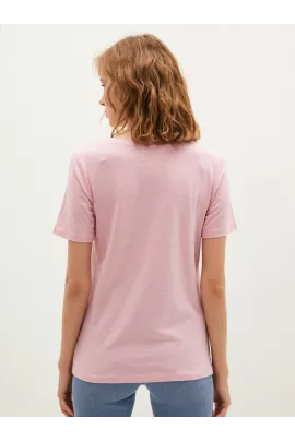 Женская розовая футболка LC Waikiki casual, размер S, из тонкой ткани пенье, однотонная, стандартного кроя, с коротким рукавом и V-вырезом, произведена в Турции.  LC Waikiki, Цвет: Розовый, Размер: S, изображение 4