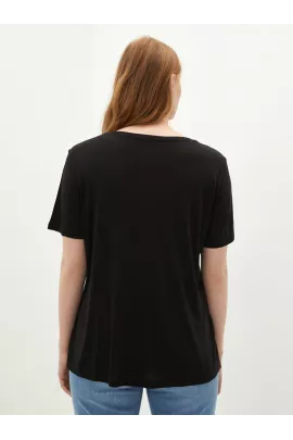 Женская черная футболка LC Waikiki, размер S, из тонкой вискозы, однотонная, стандартного кроя, с коротким рукавом и V-вырезом, произведена в Турции.  LC Waikiki, Цвет: Черный, Размер: S, изображение 5