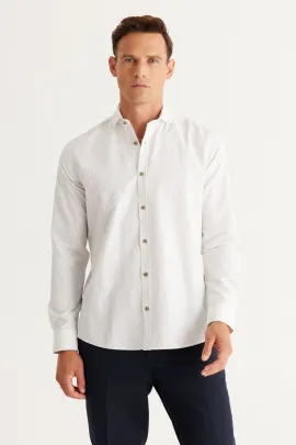 Мужская рубашка бело-хаки из хлопка Oxford, дышащая, Slim Fit, узкая, с итальянским воротником и принтом ALTINYILDIZ CLASSICS, Reňk: Ak, Ölçeg: M