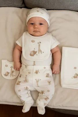 Комплект для малышей с рисунком жирафа и слоника, 5 предметов  NewBaby, Цвет: Белый, Размер: 0-1 мес.
