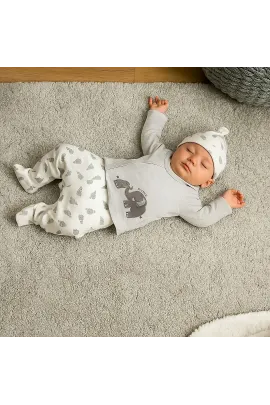 Комплект для малышей полосатый с рисунком слоника, 5 предметов  NewBaby, Цвет: Белый, Размер: 0-1 мес.