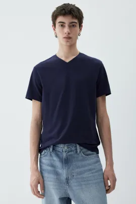 Футболка Slim Fit с V-образным вырезом H&M, Цвет: Темно-синий, Размер: S