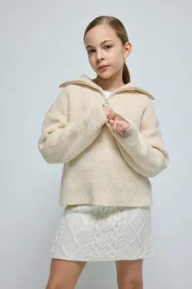 Свитер трикотажный с полумолнией для девочек-подростков DeFacto, Цвет: Экрю, Размер: 5-6 лет