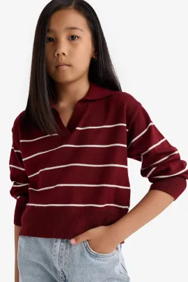 Свитер детский поло с полосками стандартный крой DeFacto, Цвет: Бордовый, Размер: 5-6 лет