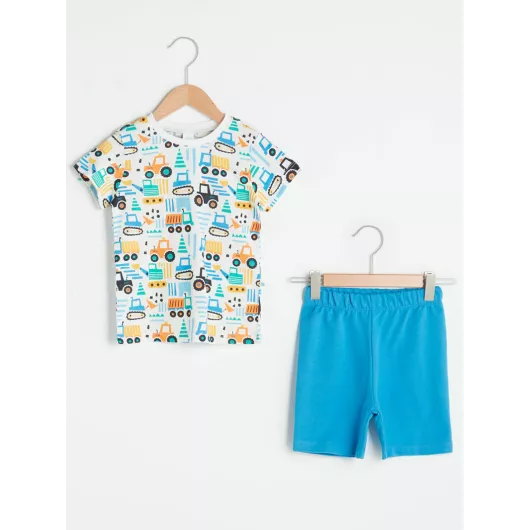 Комплект футболки и шорт для мальчиков 9-12 месяцев LC Waikiki из тонкого хлопкового пенье, синий, с принтом, стандартный крой, короткий рукав, обычный воротник, Турция  LC Waikiki, Цвет: Синий, Размер: 18-24 мес.