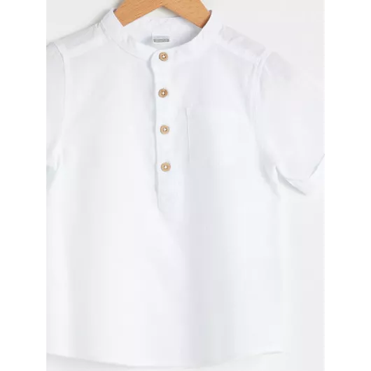 Белая хлопковая рубашка LC Waikiki из ткани поплин, тонкая стандартная модель с коротким рукавом и воротником-стойкой, однотонная, на каждый день, для малышей 3-4 года, произведена в Турции.  LC Waikiki, Цвет: Белый, Размер: 3-4 года, изображение 3