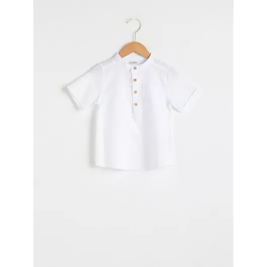 Белая хлопковая рубашка LC Waikiki из ткани поплин, тонкая стандартная модель с коротким рукавом и воротником-стойкой, однотонная, на каждый день, для малышей 3-4 года, произведена в Турции.  LC Waikiki, Цвет: Белый, Размер: 3-4 года