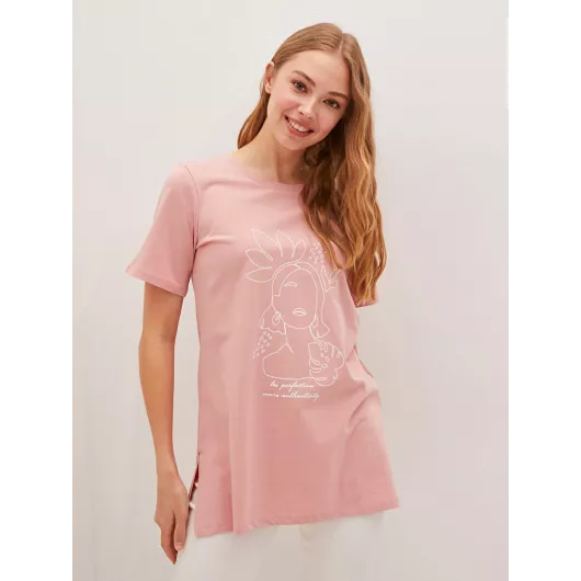 Розовая повседневная футболка с принтом для женщин, размер XS, LC Waikiki, хлопок пенье средней толщины, короткий рукав, обычный воротник, стандартная модель, Турция  LC Waikiki, Цвет: Розовый, Размер: M