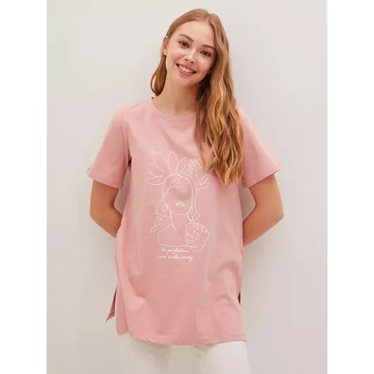 Розовая повседневная футболка с принтом для женщин, размер XS, LC Waikiki, хлопок пенье средней толщины, короткий рукав, обычный воротник, стандартная модель, Турция  LC Waikiki, Цвет: Розовый, Размер: M, изображение 3
