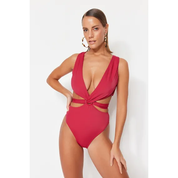 Zenan V ýakaly ýüzüş eşigi TRENDYOLMILLA, Reňk: Çuňňur gyzyl , Ölçeg: 36, 2 image