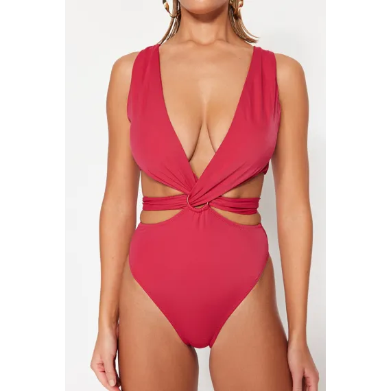 Zenan V ýakaly ýüzüş eşigi TRENDYOLMILLA, Reňk: Çuňňur gyzyl , Ölçeg: 36, 3 image