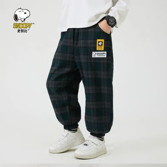 Детские утепленные брюки в клетку SNOOPY, Reňk: Темно-зеленый с серым, Ölçeg: 8-9 ýaş, 3 image
