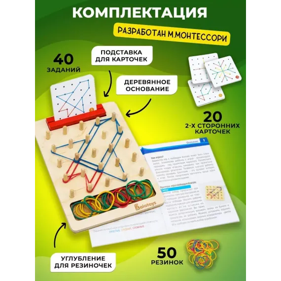 Геоборд : математическая доска с резинками и карточками для развития логики, творчества и сенсорики Alatoys, 2 image