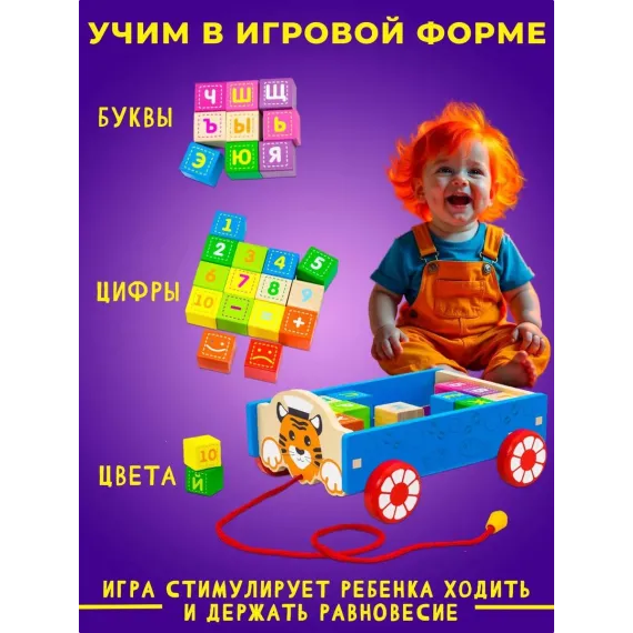 Развивающая деревянная каталка-азбука с кубиками на веревочке: Увлекательное путешествие в мир букв, цветов и движения Alatoys, 4 image