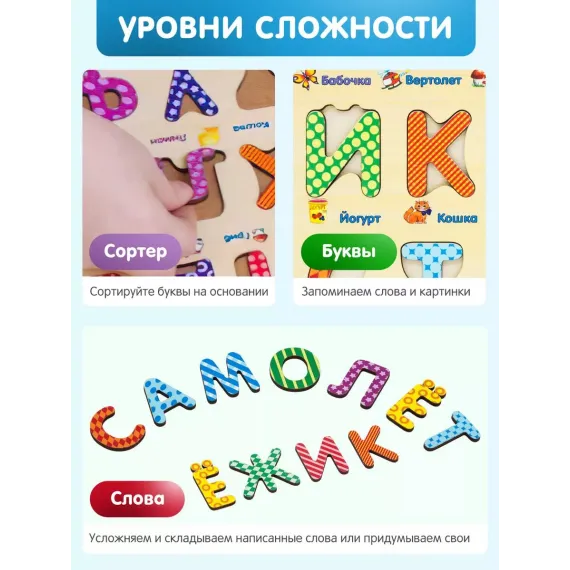 Интерактивный деревянный пазл-алфавит "Умный малыш": развивающая игрушка-планшет с буквами и картинками для обучения чтению, письму и английскому языку Alatoys, изображение 7