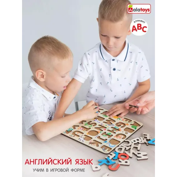 Интерактивный деревянный пазл-алфавит "Умный малыш": развивающая игрушка-планшет с буквами и картинками для обучения чтению, письму и английскому языку Alatoys, 3 image