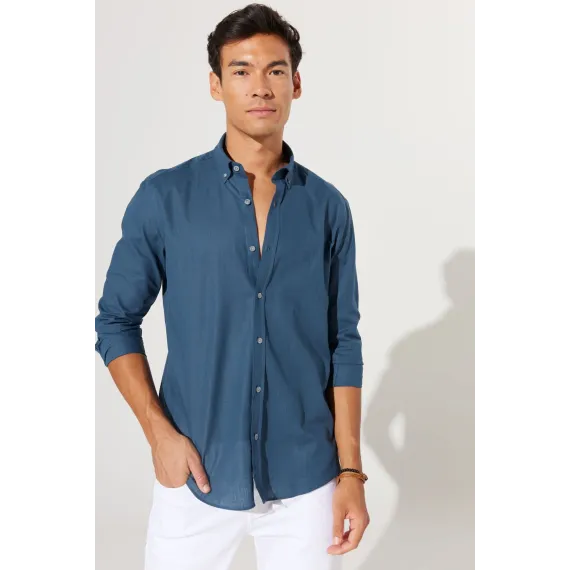 Мужская рубашка из 100% хлопка Oxford Slim Fit с пуговицами на воротнике, без карманов ALTINYILDIZ CLASSICS, Цвет: Синий, Размер: L, изображение 4