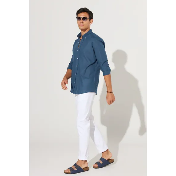 Мужская рубашка из 100% хлопка Oxford Slim Fit с пуговицами на воротнике, без карманов ALTINYILDIZ CLASSICS, Цвет: Синий, Размер: S, изображение 3
