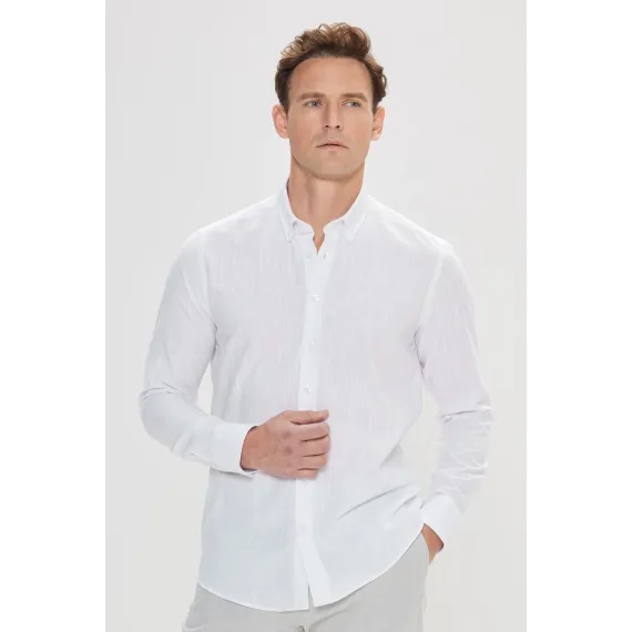 Мужская белая рубашка из 100% хлопка с фланелевой отделкой Oxford Slim Fit с пуговицами на воротнике ALTINYILDIZ CLASSICS, Reňk: Ak, Ölçeg: S, 6 image