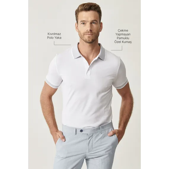 Мужская хлопковая футболка Slim Fit с отложным воротником, не мнется ALTINYILDIZ CLASSICS, Цвет: Белый, Размер: S, изображение 2