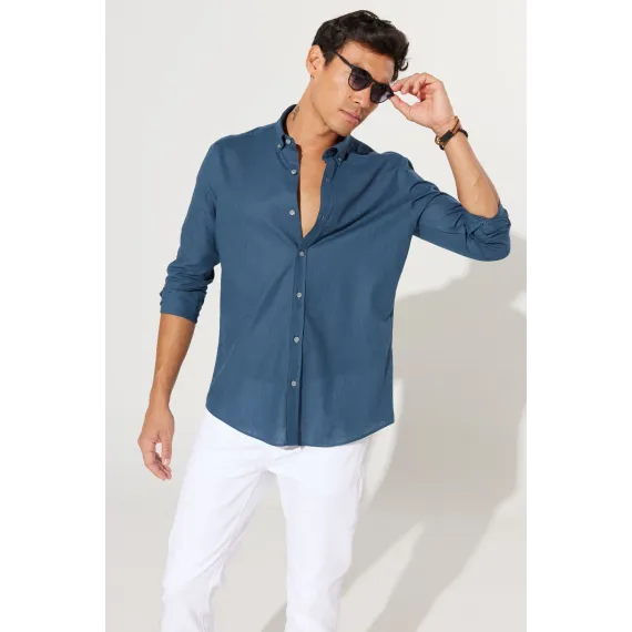 Мужская рубашка из 100% хлопка Oxford Slim Fit с пуговицами на воротнике, без карманов ALTINYILDIZ CLASSICS, Цвет: Синий, Размер: XXL