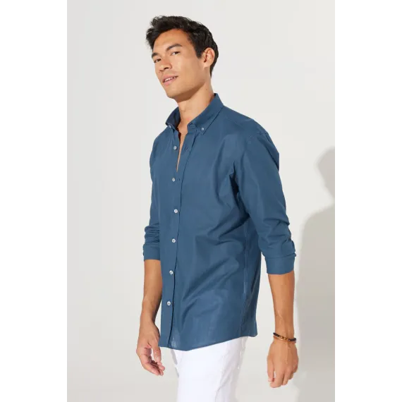 Мужская рубашка из 100% хлопка Oxford Slim Fit с пуговицами на воротнике, без карманов ALTINYILDIZ CLASSICS, Цвет: Синий, Размер: S, изображение 2