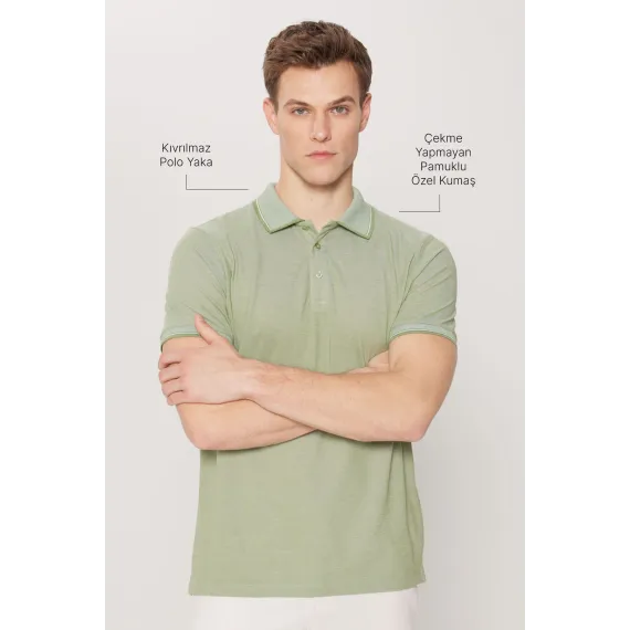 Мужская футболка с поло Slim Fit из хлопковой ткани, не линяет, зеленая ALTINYILDIZ CLASSICS, Reňk: Ýaşyl, Ölçeg: L, 2 image