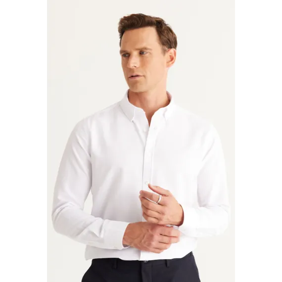 Мужская рубашка Oxford белая с пуговицами на воротнике, Slim Fit ALTINYILDIZ CLASSICS, Цвет: Белый, Размер: S