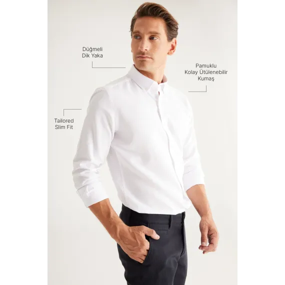 Мужская рубашка Oxford белая с пуговицами на воротнике, Slim Fit ALTINYILDIZ CLASSICS, Цвет: Белый, Размер: S, изображение 2