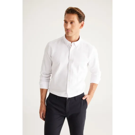 Мужская рубашка Oxford белая с пуговицами на воротнике, Slim Fit ALTINYILDIZ CLASSICS, Цвет: Белый, Размер: S, изображение 5