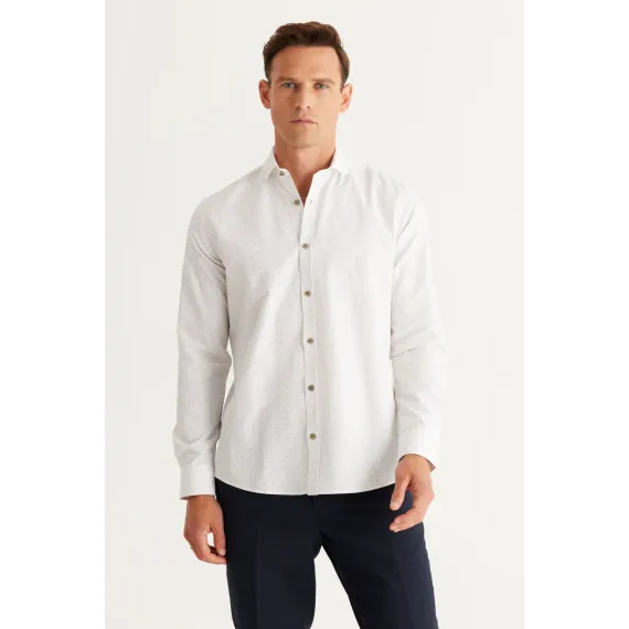 Мужская рубашка бело-хаки из хлопка Oxford, дышащая, Slim Fit, узкая, с итальянским воротником и принтом ALTINYILDIZ CLASSICS, Цвет: Белый, Размер: S