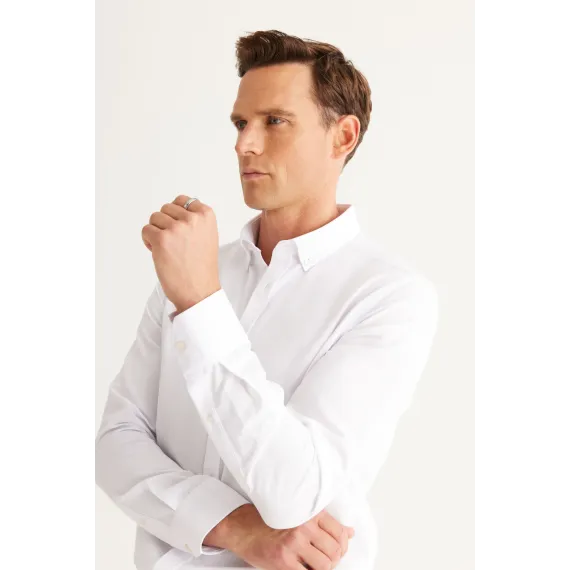 Мужская рубашка Oxford белая с пуговицами на воротнике, Slim Fit ALTINYILDIZ CLASSICS, Цвет: Белый, Размер: S, изображение 4