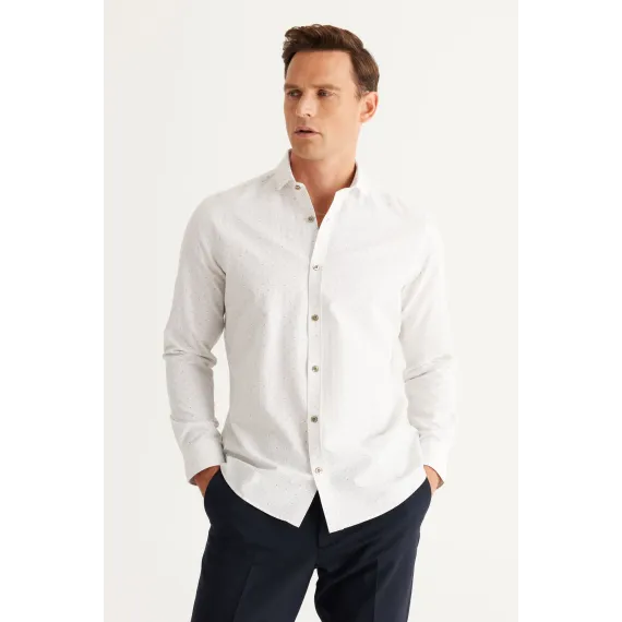 Мужская рубашка бело-хаки из хлопка Oxford, дышащая, Slim Fit, узкая, с итальянским воротником и принтом ALTINYILDIZ CLASSICS, Цвет: Белый, Размер: S, изображение 4