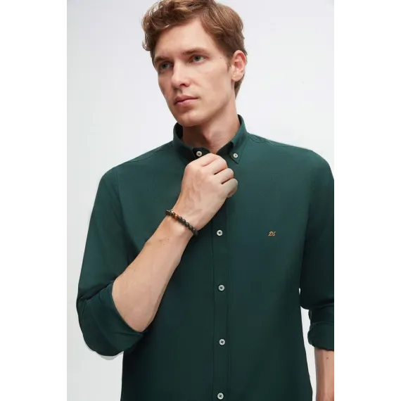 Мужская рубашка Slim Fit зеленого цвета с вышивкой, Oxford, без карманов D'S Damat, Цвет: Зеленый, Размер: S, изображение 2