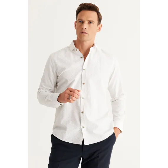 Мужская рубашка бело-хаки из хлопка Oxford, дышащая, Slim Fit, узкая, с итальянским воротником и принтом ALTINYILDIZ CLASSICS, Цвет: Белый, Размер: M, изображение 3