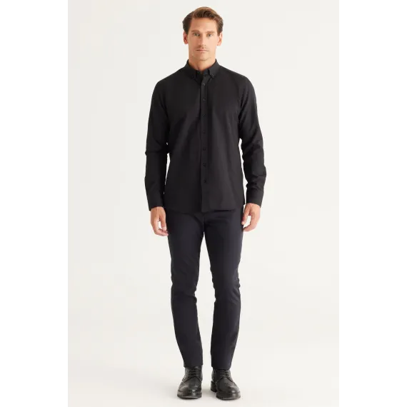 Мужская рубашка Oxford черная с пуговицами на воротнике, Slim Fit, без карманов ALTINYILDIZ CLASSICS, Цвет: Черный, Размер: S, изображение 6