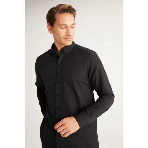 Мужская рубашка Oxford черная с пуговицами на воротнике, Slim Fit, без карманов ALTINYILDIZ CLASSICS, Цвет: Черный, Размер: S, изображение 5