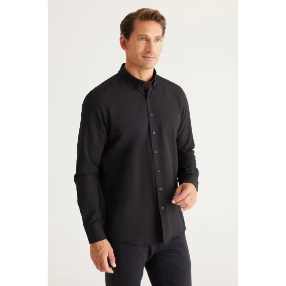 Мужская рубашка Oxford черная с пуговицами на воротнике, Slim Fit, без карманов ALTINYILDIZ CLASSICS, Цвет: Черный, Размер: S, изображение 4