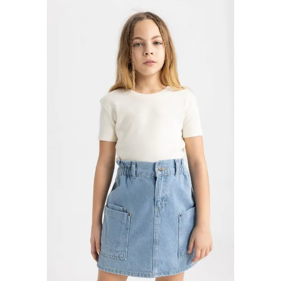 Детская футболка для девочек Slim Fit с круглым вырезом DeFacto, Цвет: Экрю, Размер: 5-6 лет, изображение 3