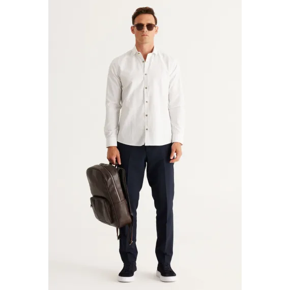 Мужская рубашка бело-хаки из хлопка Oxford, дышащая, Slim Fit, узкая, с итальянским воротником и принтом ALTINYILDIZ CLASSICS, Цвет: Белый, Размер: S, изображение 2