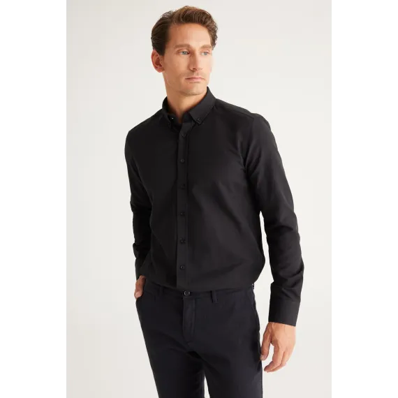 Мужская рубашка Oxford черная с пуговицами на воротнике, Slim Fit, без карманов ALTINYILDIZ CLASSICS, Цвет: Черный, Размер: S, изображение 2