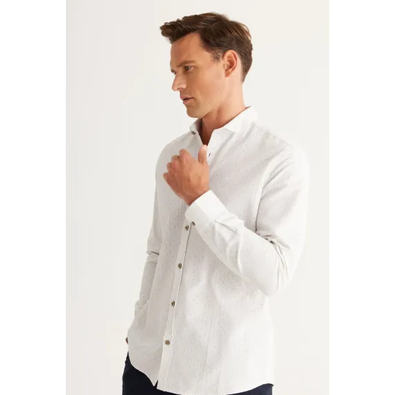 Мужская рубашка бело-хаки из хлопка Oxford, дышащая, Slim Fit, узкая, с итальянским воротником и принтом ALTINYILDIZ CLASSICS, Цвет: Белый, Размер: M, изображение 5