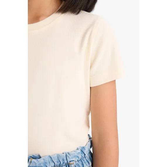 Детская футболка для девочки Slim Fit с круглым вырезом, базовый вариант DeFacto, Цвет: Экрю, Размер: 5-6 лет, изображение 4