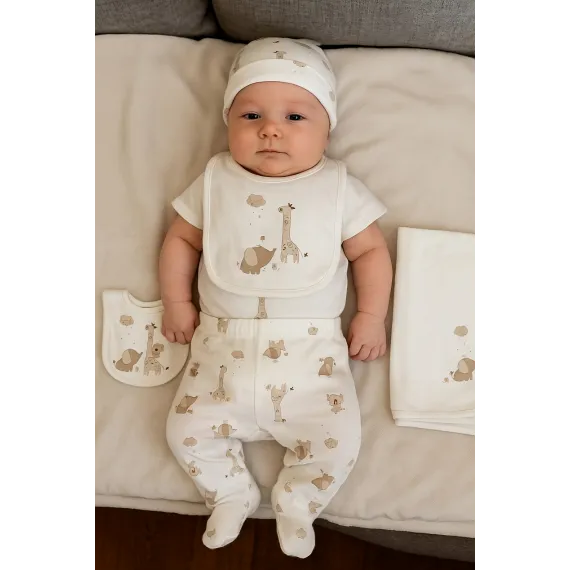 Комплект для малышей с рисунком жирафа и слоника, 5 предметов  NewBaby, Цвет: Белый, Размер: 0-1 мес.