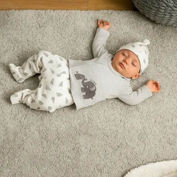 Комплект для малышей полосатый с рисунком слоника, 5 предметов  NewBaby, Цвет: Белый, Размер: 0-1 мес.
